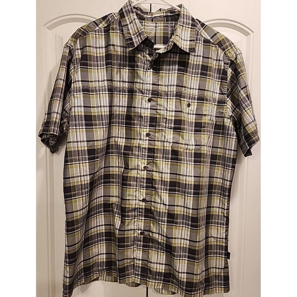 Kuhl Eluxur Button Up Shirt Mens L Short Sleeve Green Plaid Mountain Grown Large